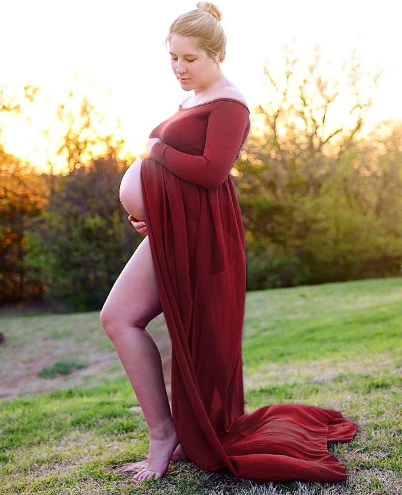 YnimioAOX Women's Off Shoulder Long Sleeve Maternity Dress for Photography Chiffon Maternity Gown for Photoshoot - Image 1